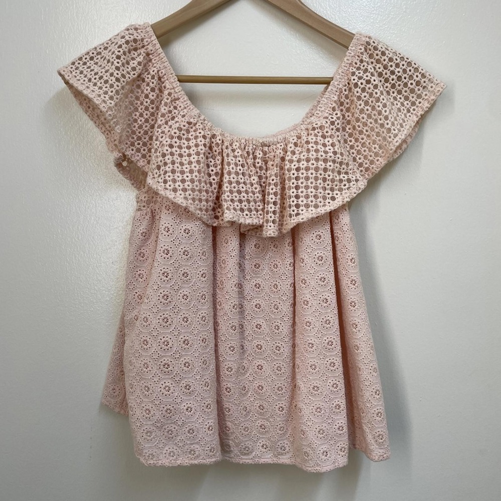 Rebecca Minkoff Peach Eyelet Ruffle Top Womens XXS Off Shoulder Embroidered Cute